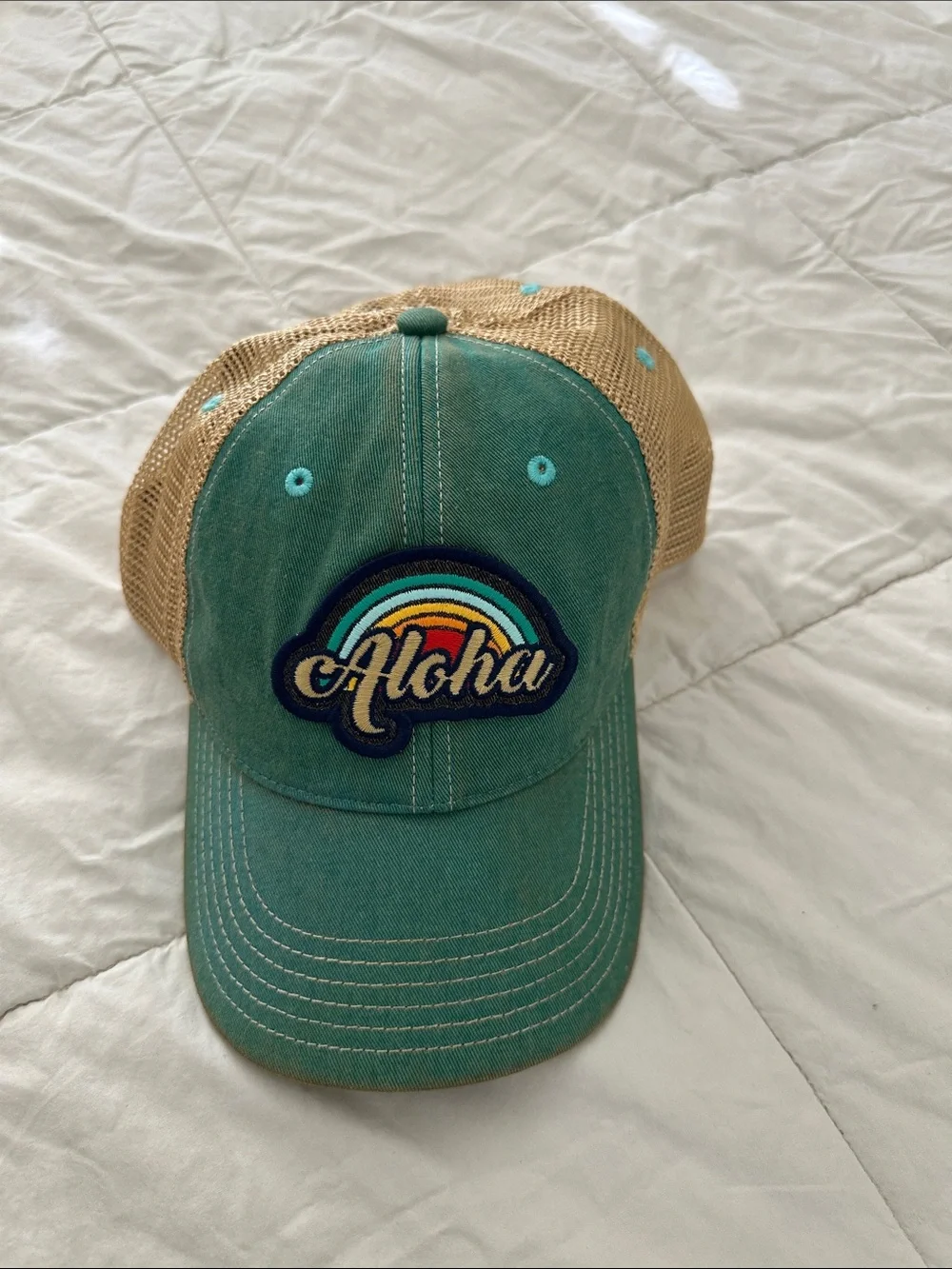 Aloha Embroidered Teal Trucker Hat with Tan Mesh